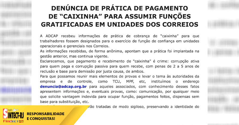 Ética não se negocia: SINTECT-RJ apoia denúncias da ADCAP e da APECT&hellip;